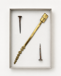 Martin Kähler, (Bau)kasten 01, iron, brass, cardboard, 24x18,5x2 cm, 2026, price on request