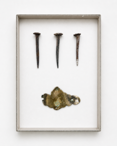 Martin Kähler, (Bau)kasten 02, iron, brass, cardboard, 24x18,5x2 cm, 2026, price on request