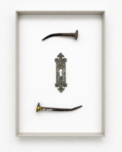 Martin Kähler, (Bau)kasten 03, iron, sawdust, pigment, brass, cardboard, 24x18,5x2 cm, 2026, price on request