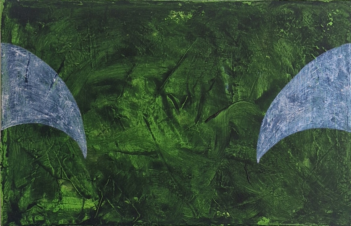 Matthias Esch, closer, oil, pen and mother of pearl pigment on linen, 19x29cm, 2025, price on request