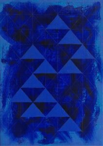 Matthias Esch, symbols gathering (blu), oil, pen and mother of pearl pigment on linen, 35x25cm, 2026, price on request